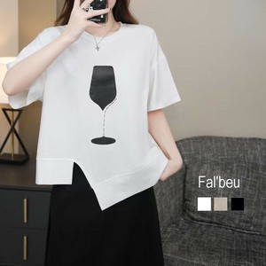 【新作】ワイングラスプリントTシャツ　スリットデザイン　カットソー　コットン　3色展開