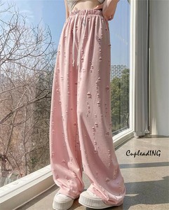 【定番商品】 通勤する 大人気破洞デザイン 女性用ワイドレッグパンツ  ロングパンツ レディース