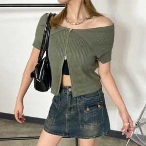 即納【2025新作】ZIPオフショルリブニットトップス　半袖　ダブルジップ　フロントジップ　春服　夏服