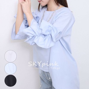 【2025SS新作入荷】袖フリルデザイン裾ヘムカットブラウス　チュニック　プルオーバー　 skypink東京