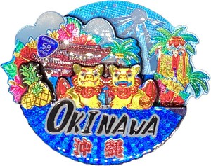【木製ホイルマグネット】沖縄スタイル守礼(ミンサーブルー)