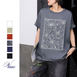 【新作】異素材デザインカットソー　手書き風フラワー柄　ボックスTシャツ　コットン　6色展開