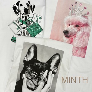 【イタリア製】ワンちゃんフォトプリント×ビーズ・ストーン装飾 袖切替えなしデザインTシャツ①　犬 dog