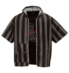 COLLINS ビッグサイズ メッシュグラデストライプ柄半袖フルジップパーカー+半袖Tシャツ