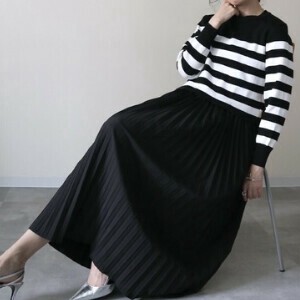 ボーダーバックリボンニット　プリーツワンピース　セット