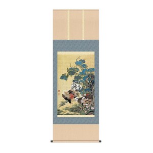 掛軸 伊藤若冲紫陽花双鶏図 54.5×153cm KZ2G9-034