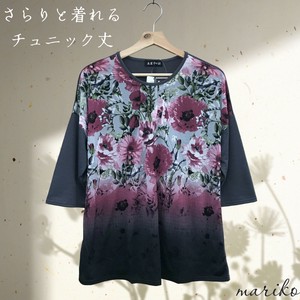 <2025春物新作>数量限定ビエンナ生地プリント切替七分袖Tシャツ　チュニック丈　2025春物人気　真里子の詩