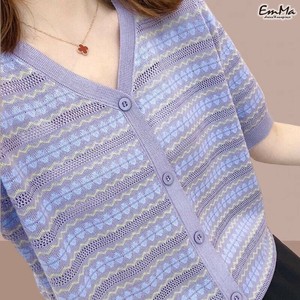 半袖カラーニットTシャツ ボタン ボーダー パープル 【2025SS】EH1756