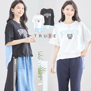 【2025新作】【M〜L】ロゴ刺繍ドロスト付バックストライプ異素材Tシャツ(N12-502)(5号店）FM5