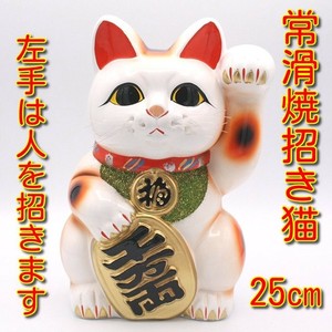 常滑焼（とこなめやき）白小判招き猫　8号　右手