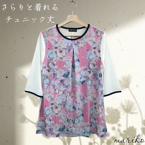 <2025春物新作>数量限定ビエンナ生地プリント切替七分袖Tシャツ　チュニック丈　2025春物人気　真里子の詩