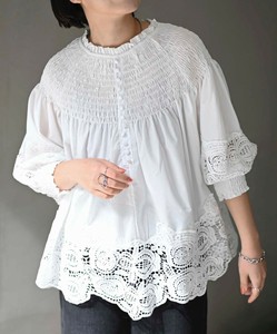Button Shirt/Blouse Lace Blouse Shirring
