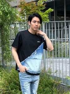 【ユニセックス】46078【LUXE/R】デニムダメージ柄貼り付け　Tシャツ（RMS）