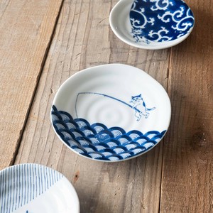 猫 シチタ ソメネコ 16.5cm皿 青海波 日本伝統模様[日本製/美濃焼/和食器]