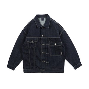 色落ち防止生地のプリントデニムジャケット　ダークデニム　M-XXL　PL225