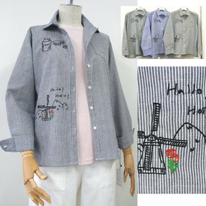 ストライプ地風車柄刺繍長袖シャツ【2025新作】