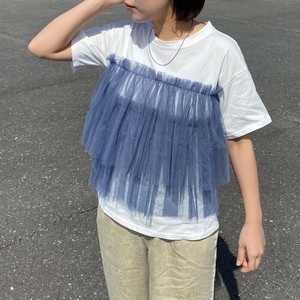 即納【2025新作】チュール切替Tシャツ 半袖　シアー　プルオーバー　トップス　レイヤード風