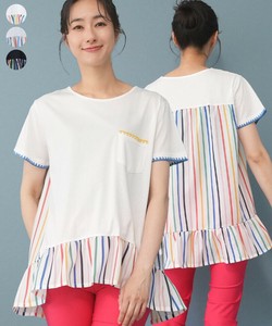 【2025新作】ストライプギャザードッキング切替刺繍Tシャツカットソー 36-1565