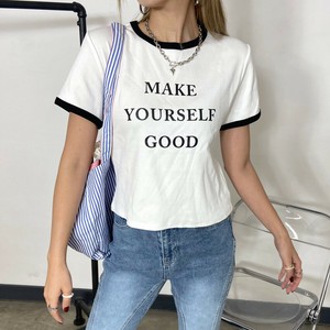 即納【2025新作】配色リブロゴTシャツ　プリントT　コンパクト　半袖　インナー　春服　夏服
