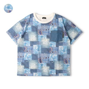 デニムパッチワーク風プリント半袖Tシャツ V34827 本体綿100％ 胸ポケットにデニム生地 リアルなプリント