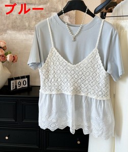 Tシャツ+サスペンダーベスト 2点セット 半袖 ラウンドネック  ゆったり 快適 レディース ABQ1157