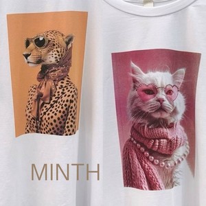 【イタリア製】アニマルフォトプリント×ビーズ・ストーン装飾 袖切替えなしデザインTシャツ　猫 cat