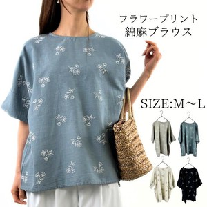 2025春夏フラワープリント 綿麻 ブラウス Tシャツ 半袖 カットソー コットンリネン cpr-clf8210