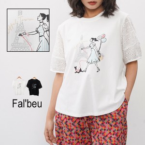 【新作】レース袖＆ラインストーンtowerプリントカットソー　バックスリット　コットン　2色展開