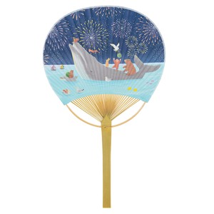 千代紙風竹うちわ　丸型竹うちわ　花火(クジラ)