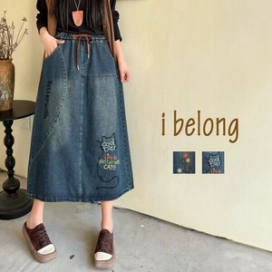【新作】CAT＆フラワー柄刺繍Aラインソフトデニムスカート　2柄展開