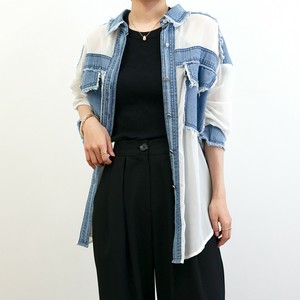 【即納】デニム切替シアーSH（ホワイト・ブラック）異素材　春夏　シャツ　涼しい　デザイン