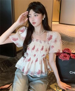 花柄シフォントップス/スクエアネック