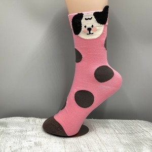 靴下　クルーソックス　レディース　ドット　水玉　犬　イヌ　アニマル　ピンク