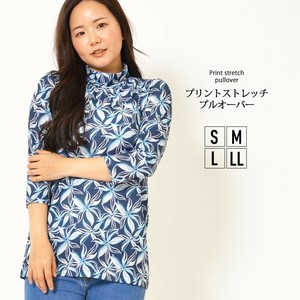プルオーバー S M L LL シンプル ストレッチ 7分袖 ハイネック 長め丈 花柄 春 夏 秋 大人カジュアル