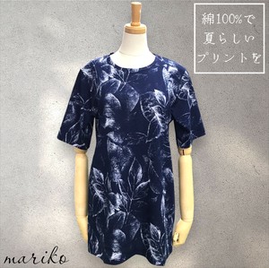 <2025夏物新作>綿100%総プリント五分袖Tシャツ　チュニック丈　2025夏物人気　BLACK MARICO