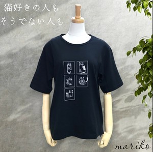 <2025夏物新作>綿100%猫プリント五分袖Tシャツ　2025夏物人気　BLACK MARICO