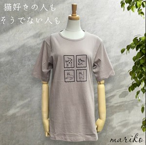 <2025夏物新作>綿100%猫プリント五分袖Tシャツ　チュニック丈　2025夏物人気　BLACK MARICO