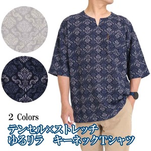 ゆるリラ メンズ ワッシャープリントキーネックTシャツ 夏 春夏新作 カットソー