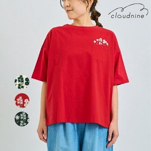 【2025 新作】花刺繍ポケットTシャツ 綿100% 異素材切替 布帛 天竺 春夏 前後差カットソー