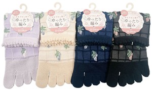 【春夏新作】【小さめ22-24cm】婦人花柄チェックゆったり5指クルーソックス