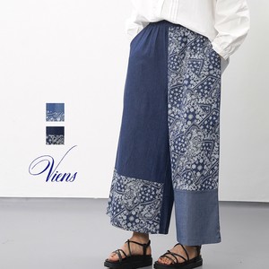 【新作】無地×ペイズリー柄　配色切替デザインワイドデニムパンツ　2色展開