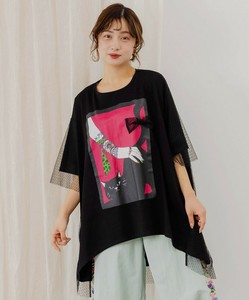 ネコ撫でプリント×ドットチュール重ねチュニック