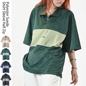 【25SS新作】カットスエード 切替 半袖 ハーフジップ Tシャツ