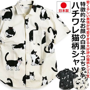 【日本製】VINTAGE EL ハチワレ 猫柄 半袖シャツ ねこ ネコ アニマル 動物柄 にゃんこ はちわれ