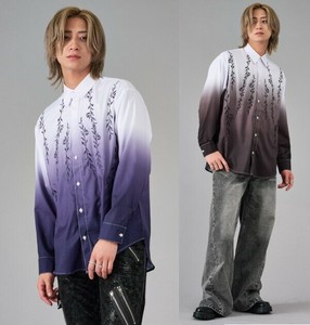 <2025発夏新作>リーフ刺繍×グラデーション　長袖シャツ/メンズ　昇華転写プリント