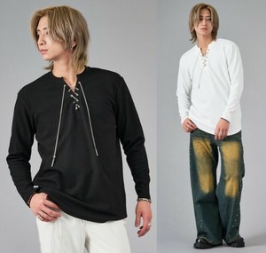 <2025春夏新作>ジャガードストライプ　チェーンレースアップ長袖Tシャツ/メンズ　裾ラウンド