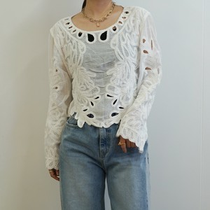 【即納】カットレースコンパクトブラウス（ホワイト）刺繡　春夏　シアー　ヘルシー　レイヤード