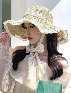 帽子 2色 つば広 レディースハット フリル リボン アウトドア 紫外線カット ハット