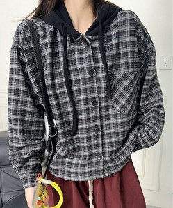 チェック柄フーディシャツ レディース フード ドロスト 春 トップス ボタン