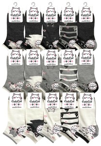 【春夏定番】婦人綿混ネコ柄ショートソックス　★5柄アソート★4／16入荷予定